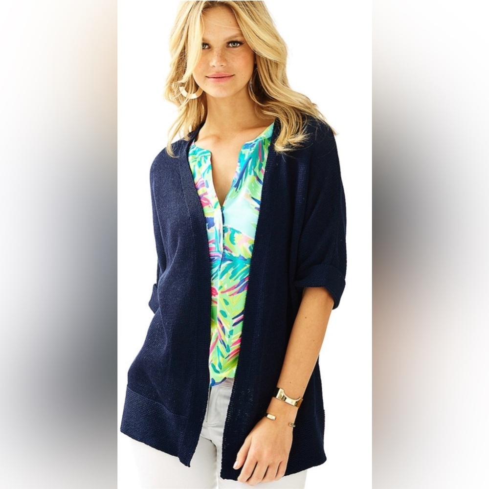 Lilly Pulitzer Navy Open-Front Cardigan with Multi-Color Top